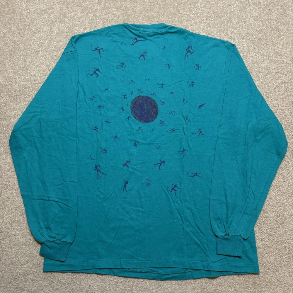 Vtg 90s Nike Shirt Mens XL Teal Blue Earth Sports World Graphic Long Sleeve USA